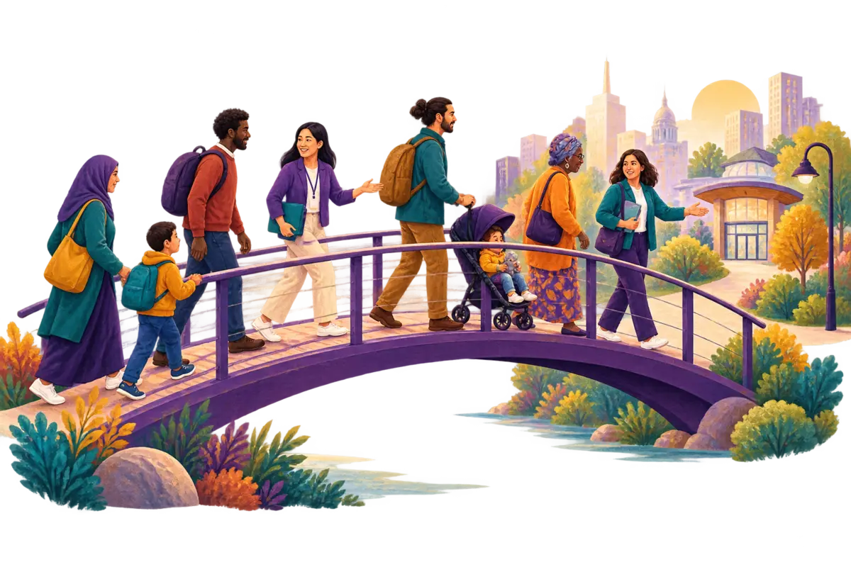 Des familles et des accompagnantes traversent ensemble une passerelle vers les services de la communauté.