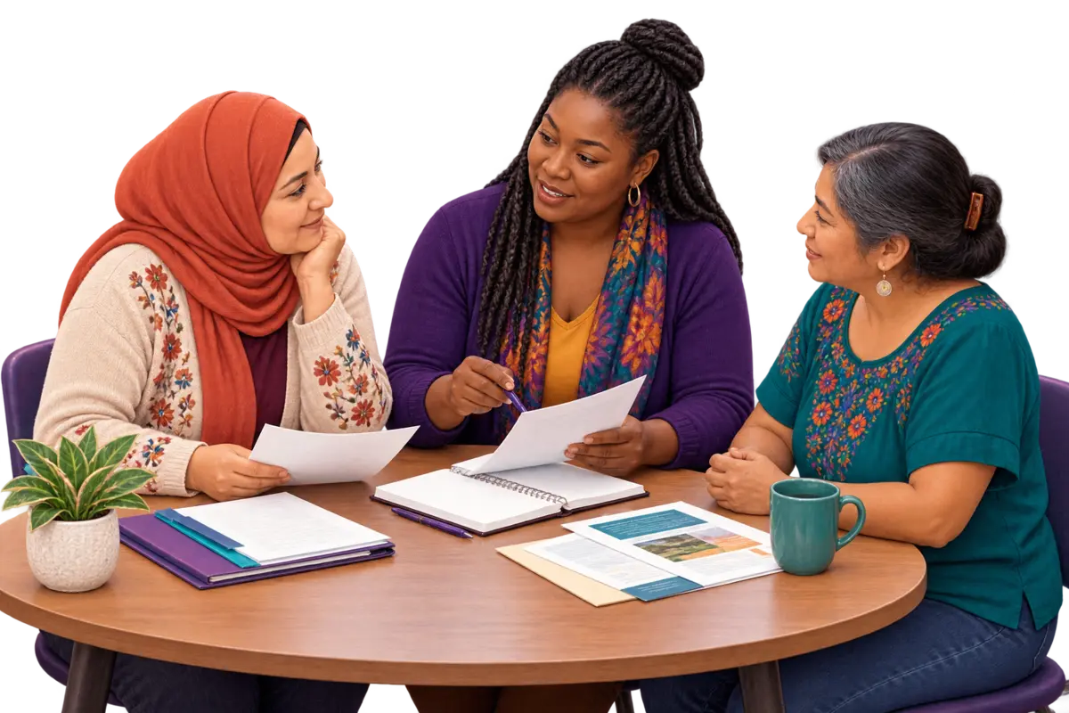 Trois femmes échangent autour de documents lors d’un accompagnement PAM.